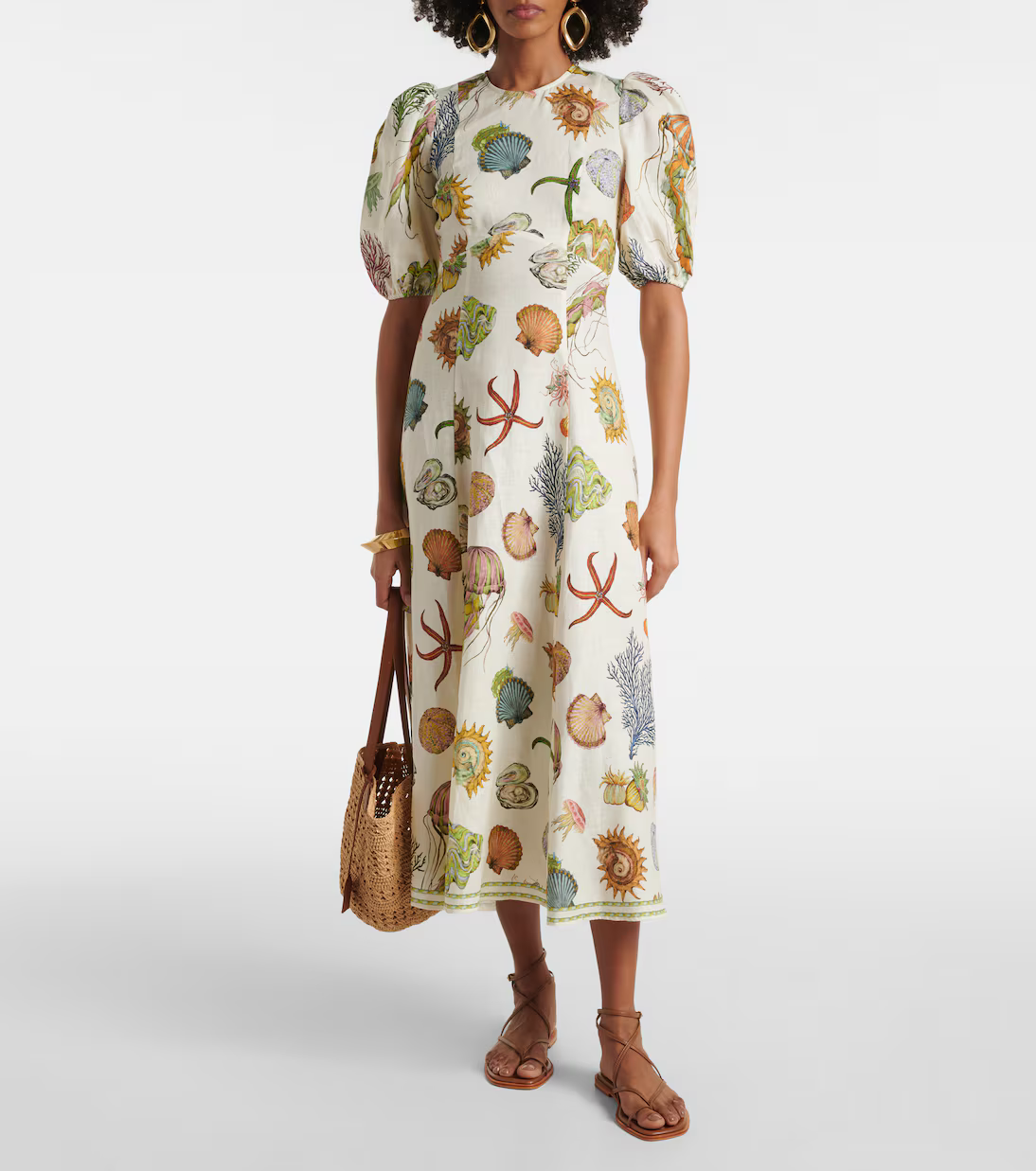 ALM Sea Puff Sleeve Linen Midi Dress