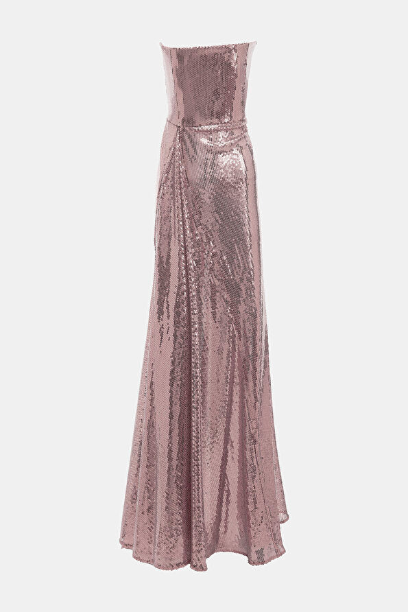 AP Strapless Godet Draped Sequin Gown Maxi Dress