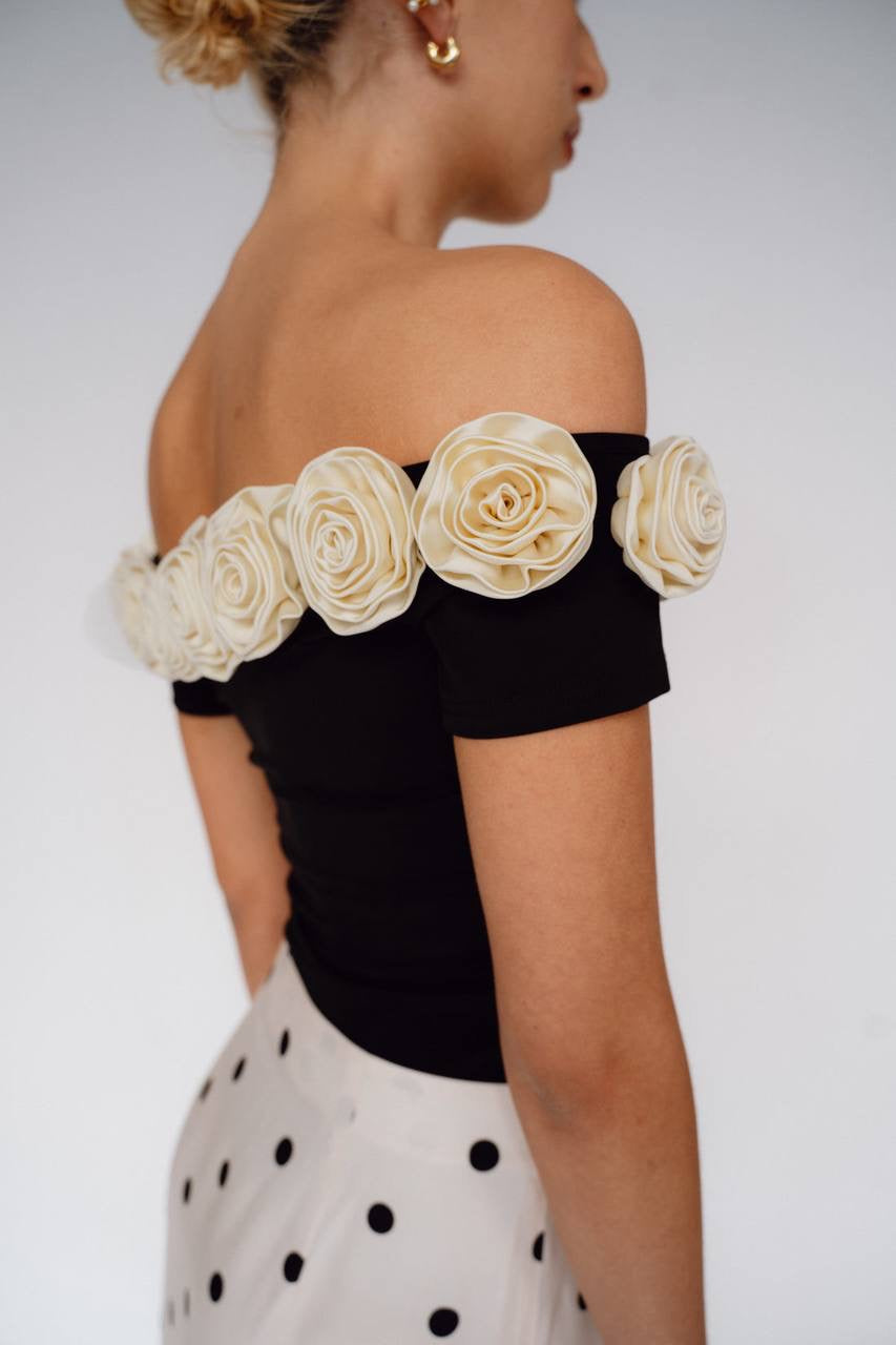ML Gabrielle Off-Shoulder Top | Gabby 3D Rose Appliqué Maxi Dress