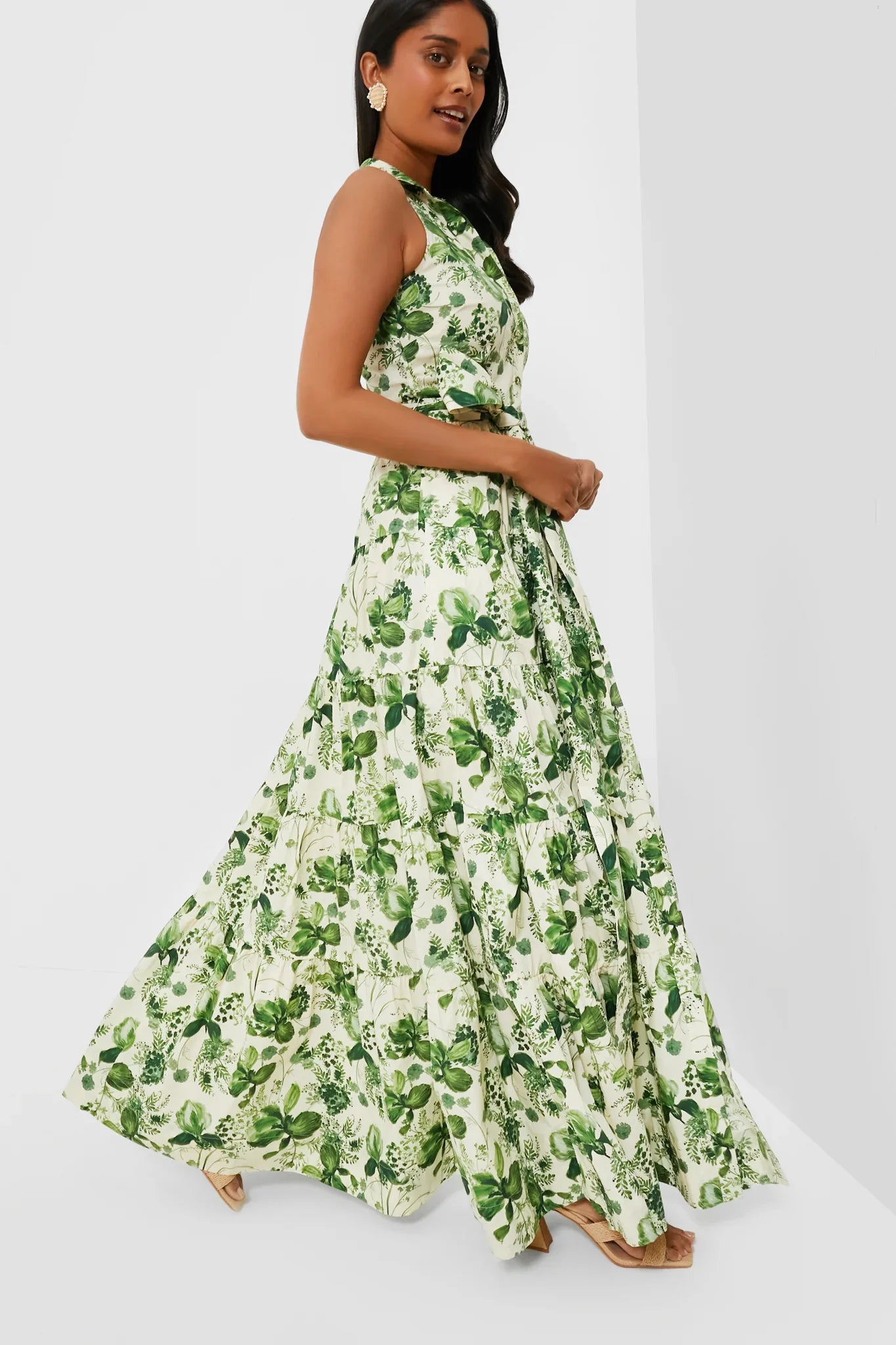 CC Adriana Cotton Maxi Dress in Olive Hanging Orchids