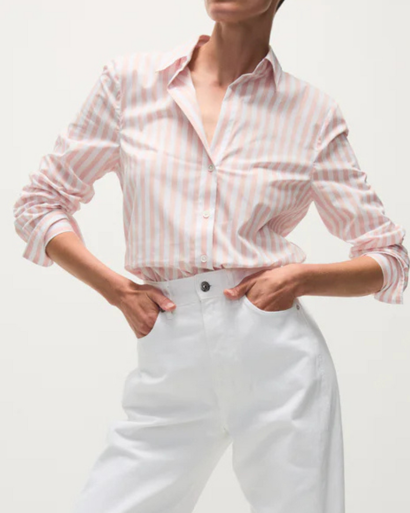 VB Amelia Cotton-Blend Button Down Shirt in Pink Stripe