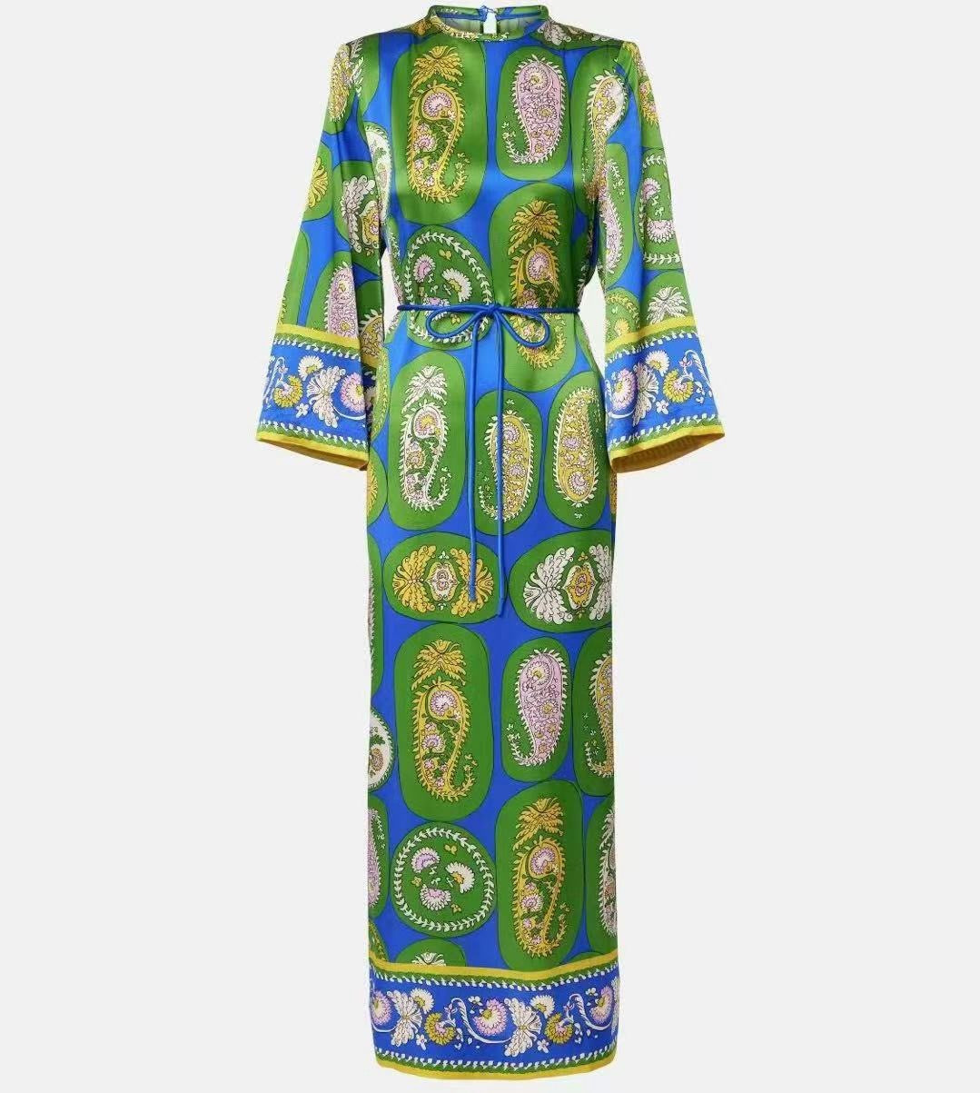 ALM Gina Green Paisley Print Silk Midi Dress