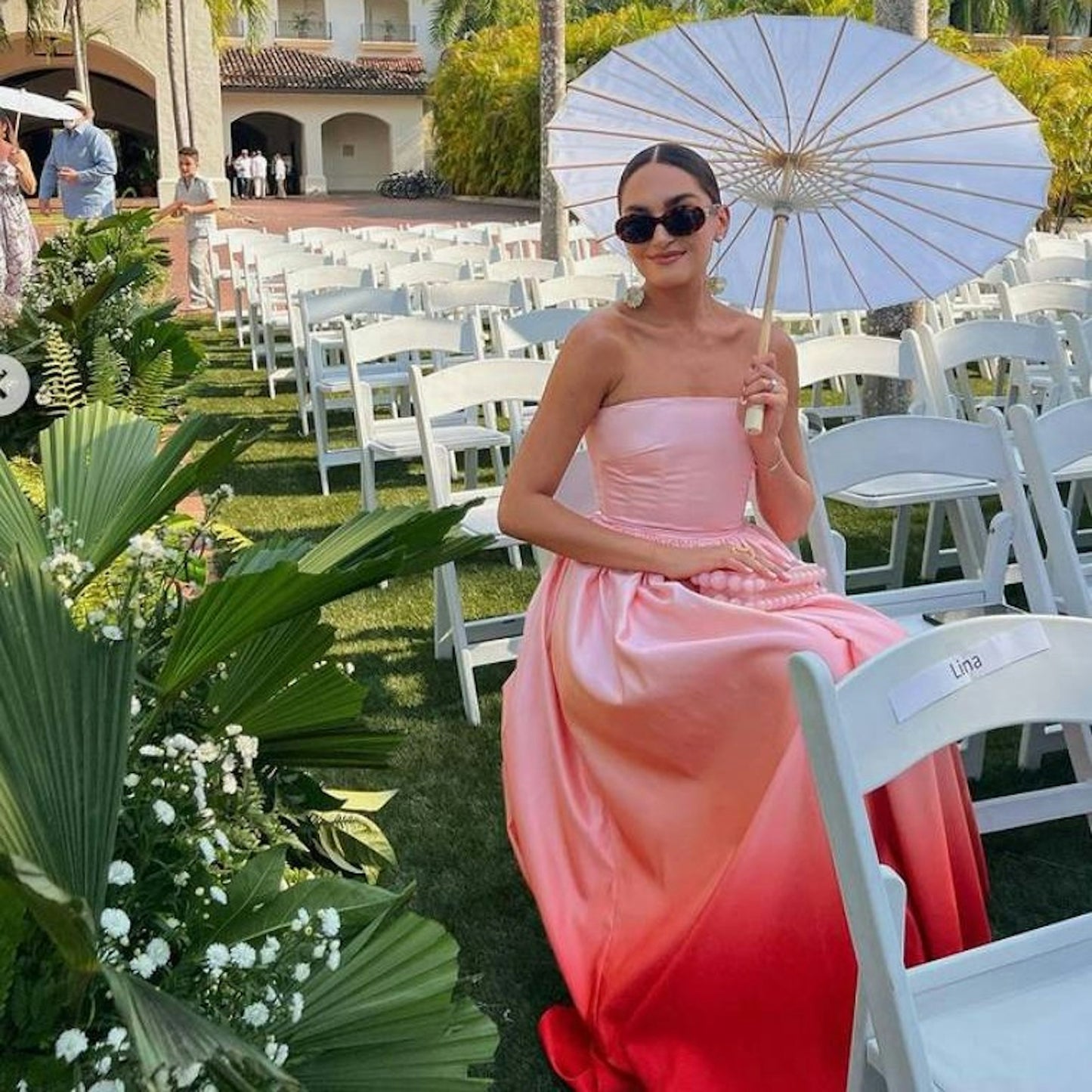 SAU Teigen Blush Red Ombre Strapless Gown Maxi Dress