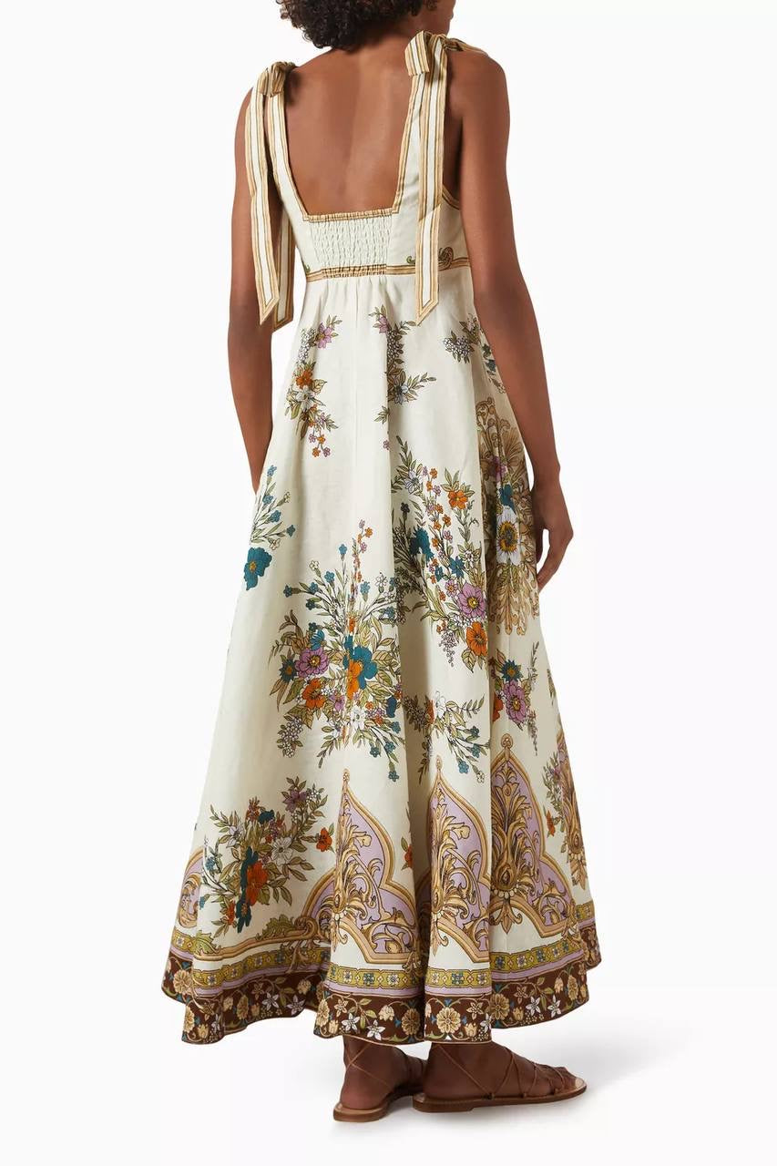 ALM Antoinette Linen Ballet Tie Shoulder Maxi Dress Sundress