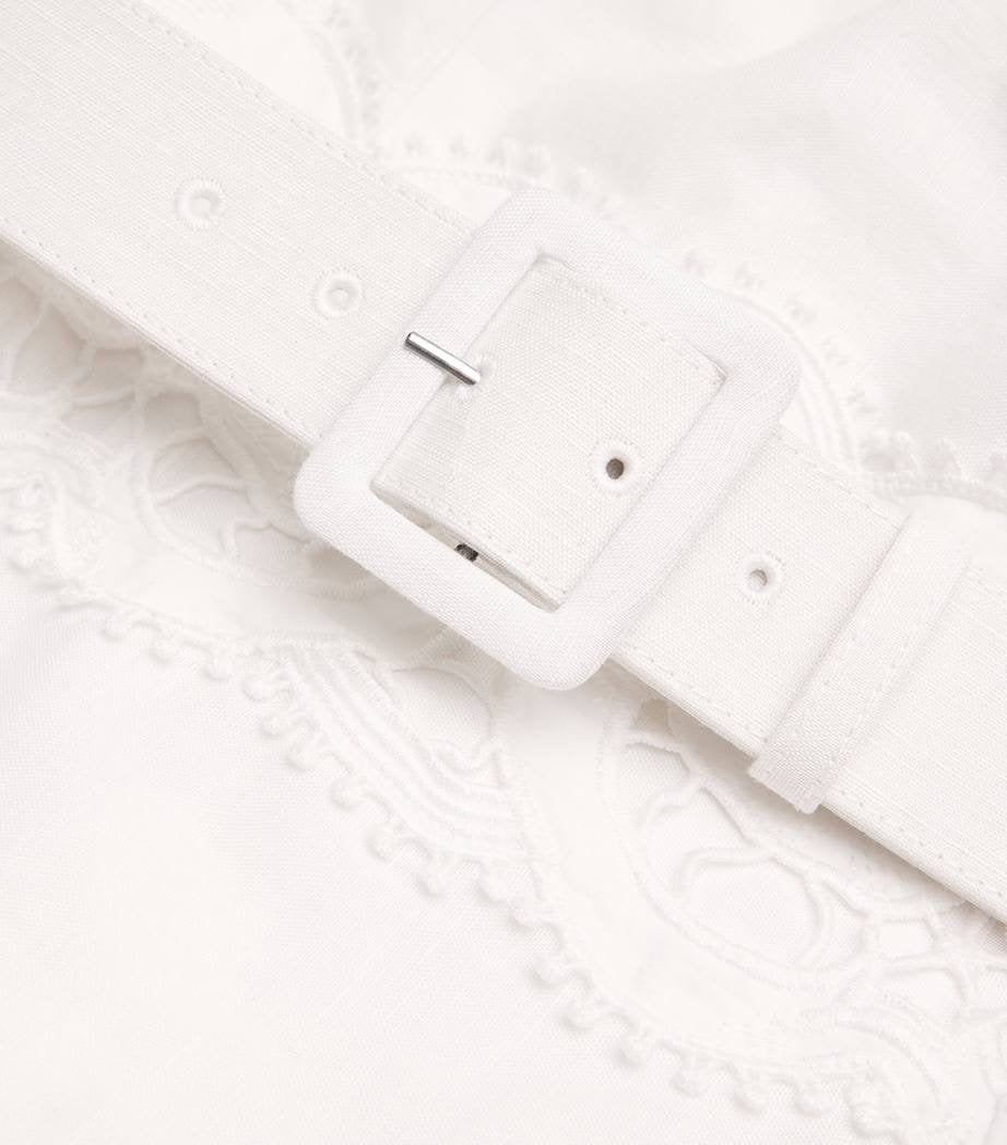 SP White Linen Lace Insert Belted Midi Dress