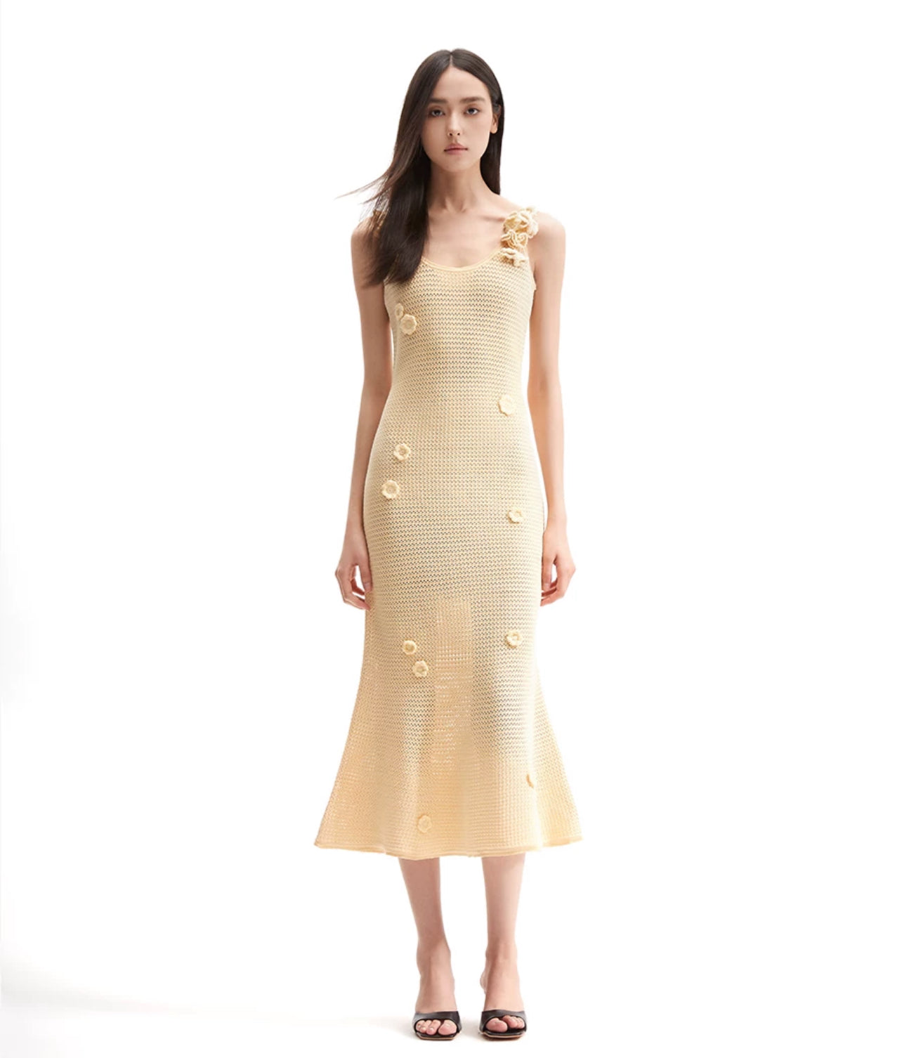 SP Black | Yellow | White Crochet Midi Dress Knit Floral