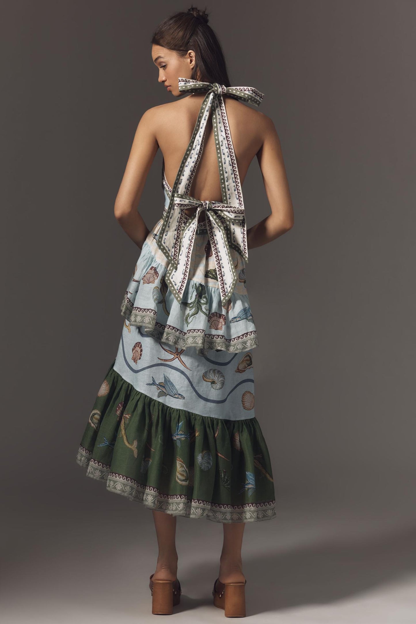 ALM Bath House Tiered Halter Linen Midi Dress