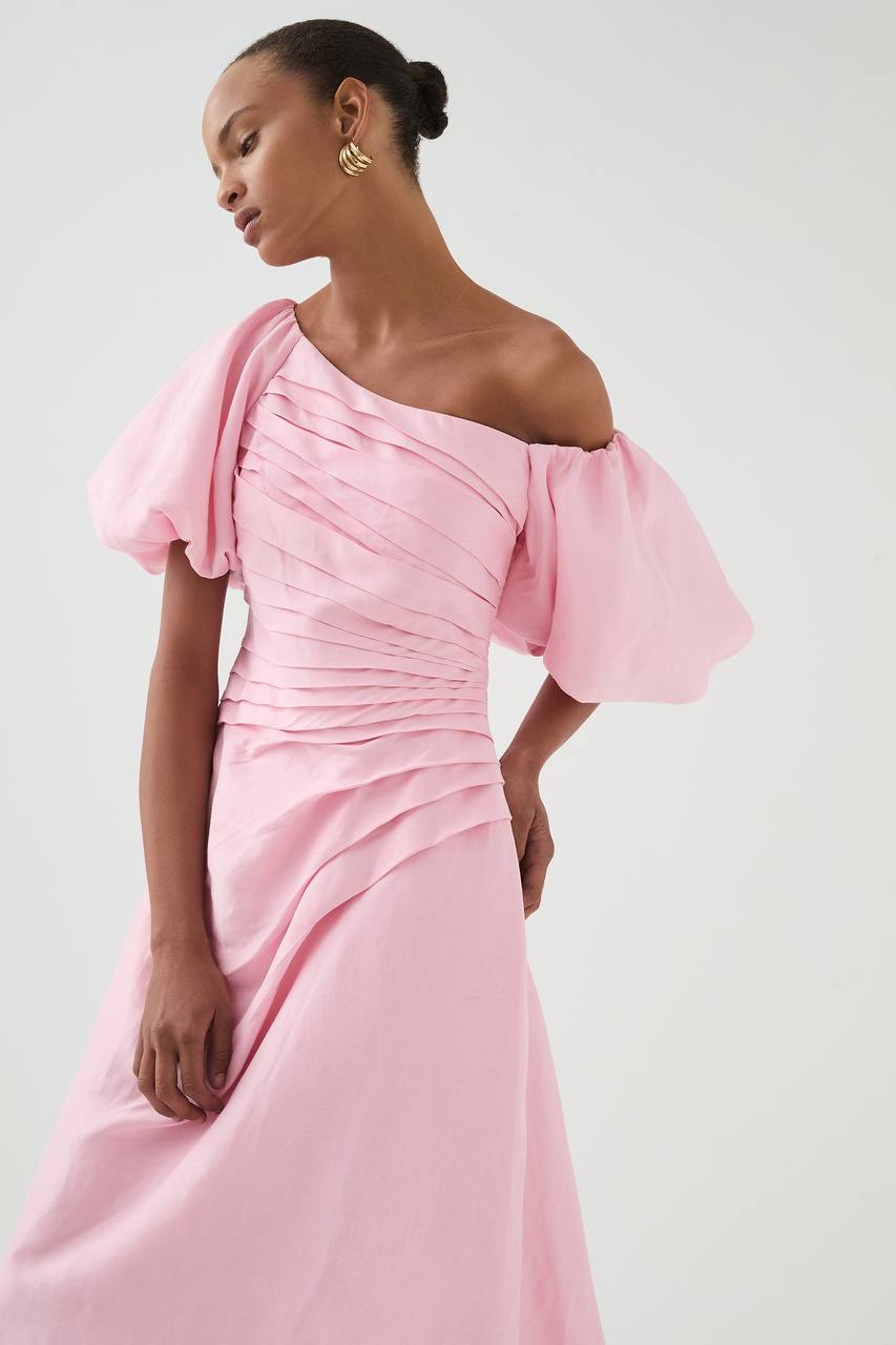AJ Cadence Viscose-Linen Ruched Midi Dress