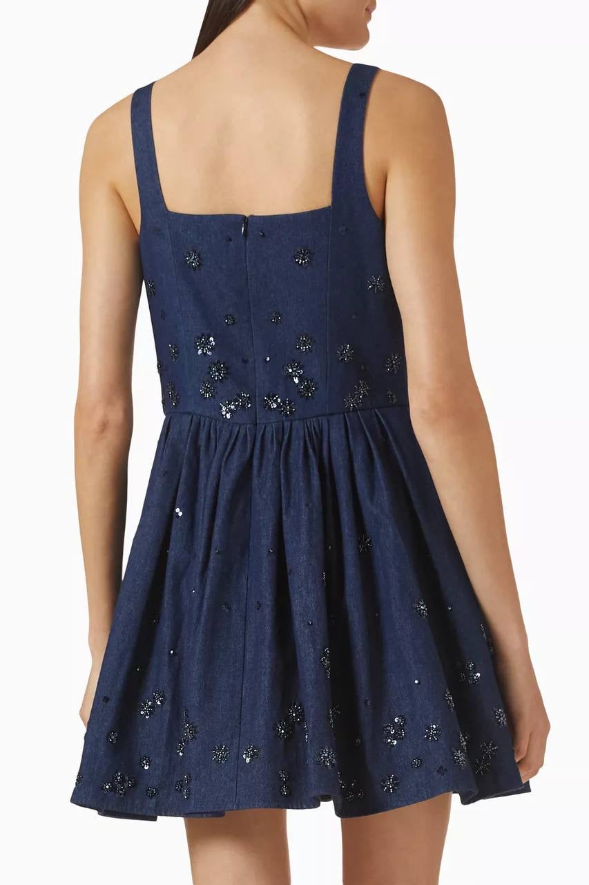 MJ Robradito Flared Embroidered Denim Mini Dress