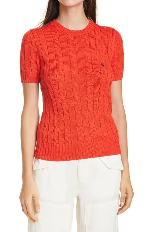 (PART 1/2) RL Cable Knit Short Sleeve Jumper | Crew Neck Shirt with Pocket