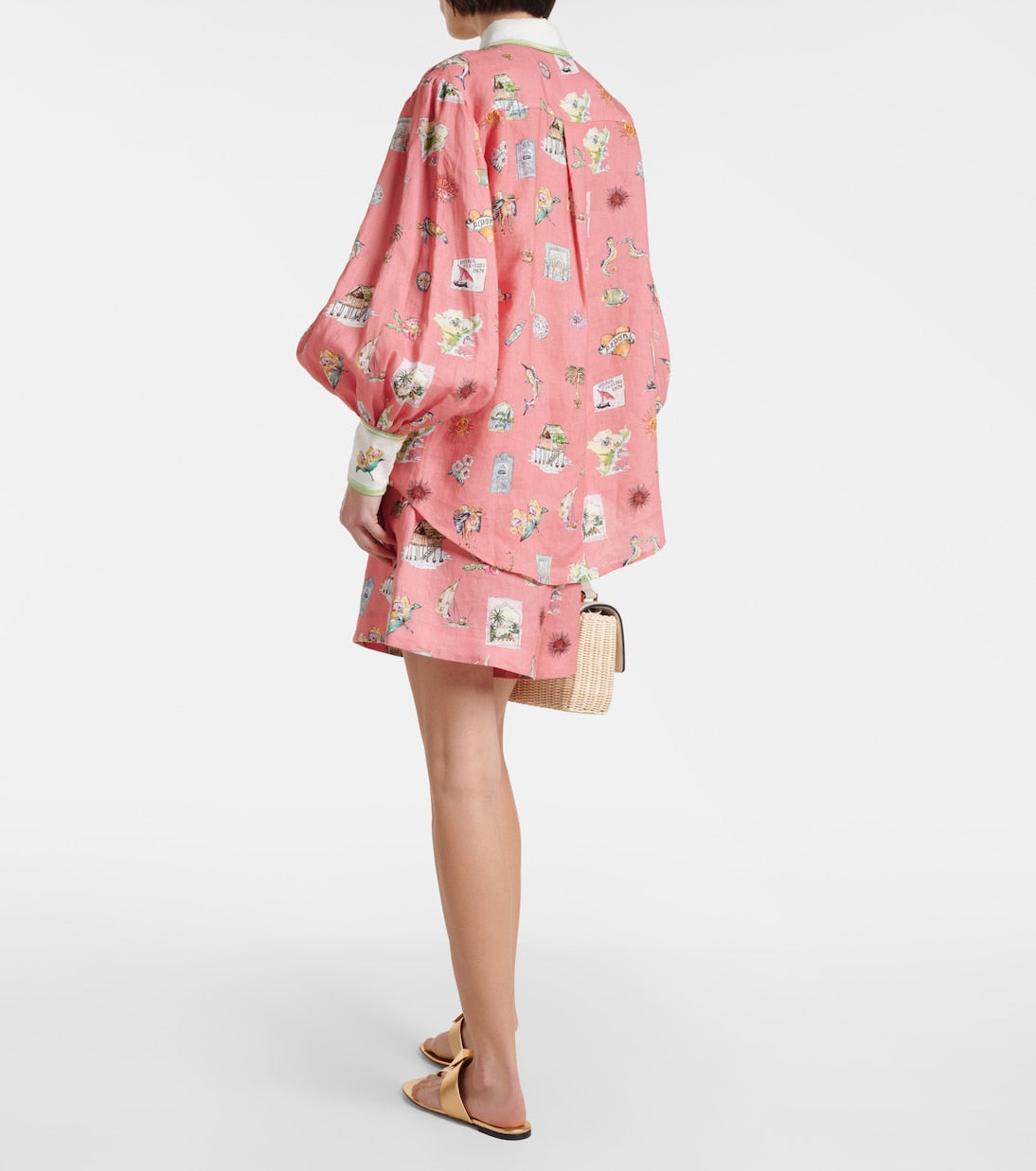 ALM Printed Linen Sea Life Shirt | Shorts | Green & Coral Pink Set