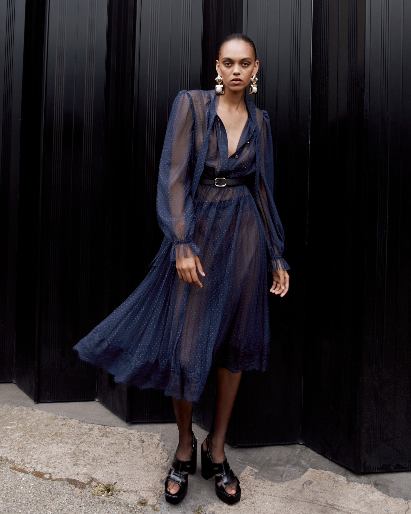 SP Navy Blue Dot Mesh Midi Dress