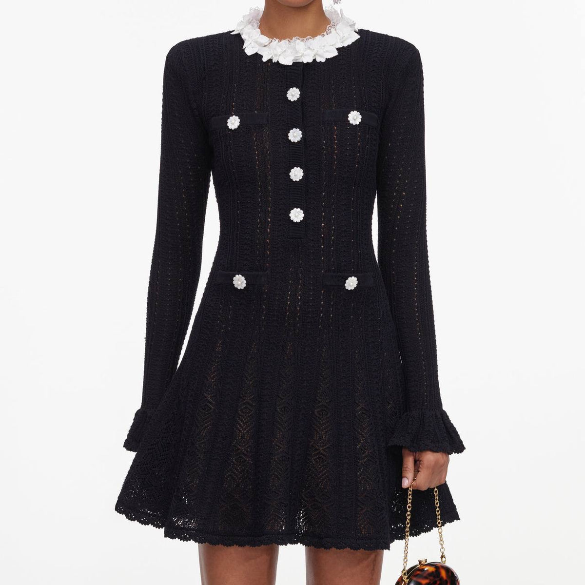 Black Flower Trim Knit Mini Dress