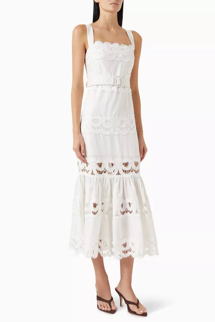 SP White Linen Lace Insert Belted Midi Dress