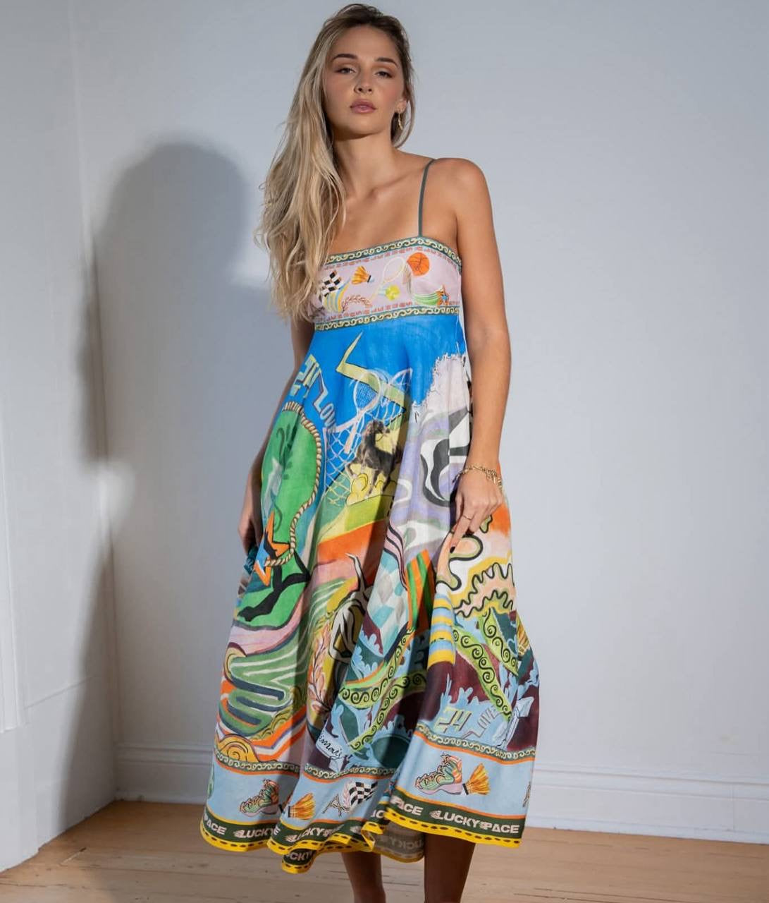 ALM Lucky Pace Printed Linen Midi Dress Sundress
