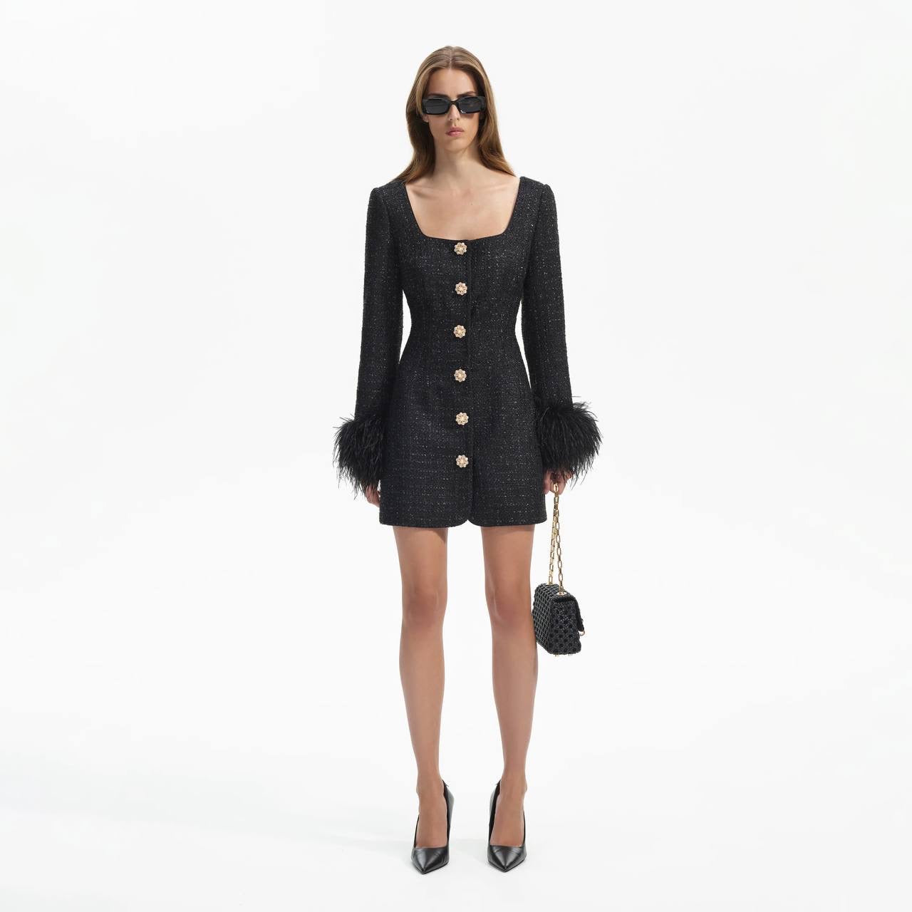 SP Black Boucle Feather Mini Dress
