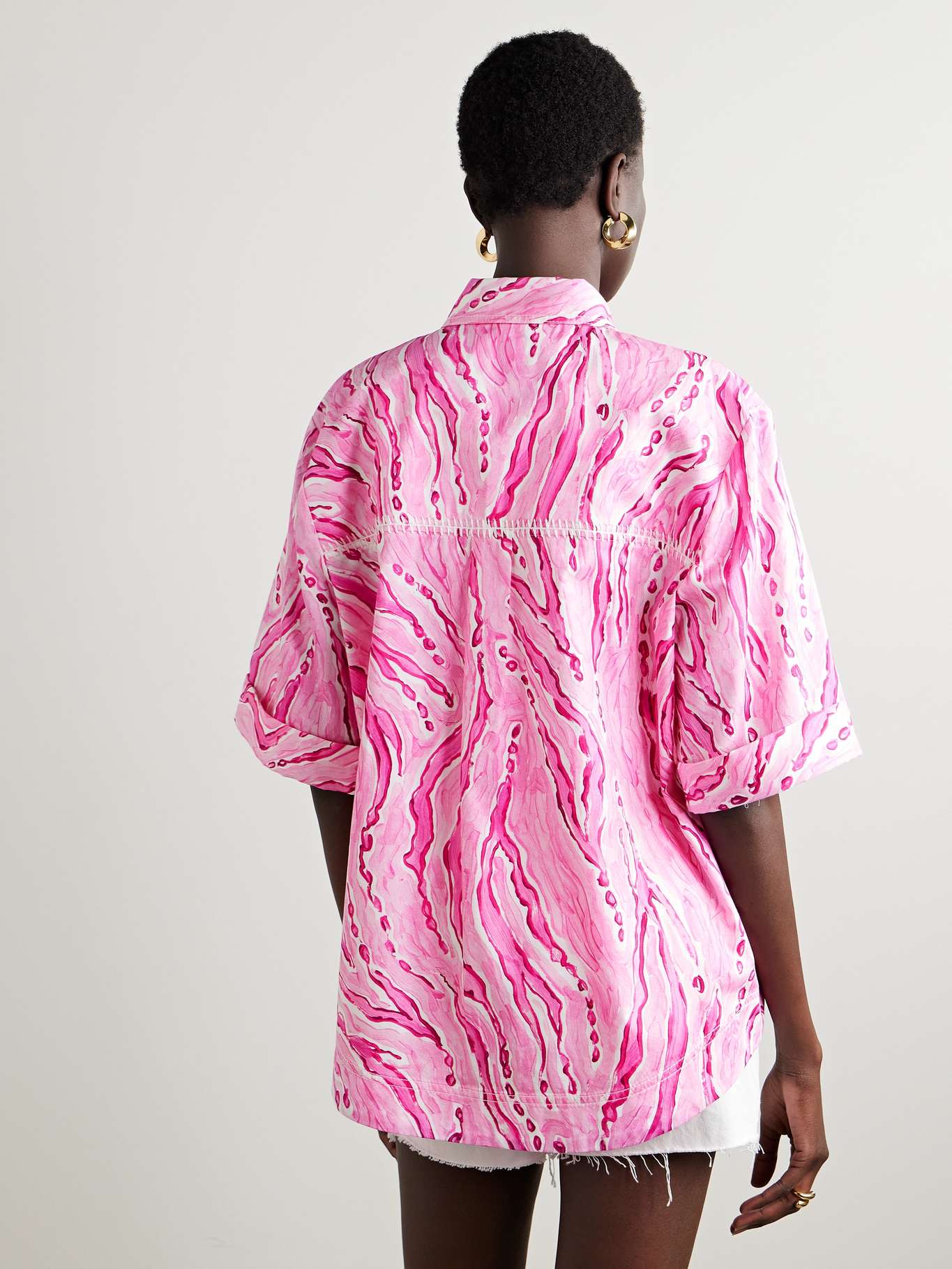 AJ Blaze Stitch Oversized Cotton Shirt in Dappled Flame Pink