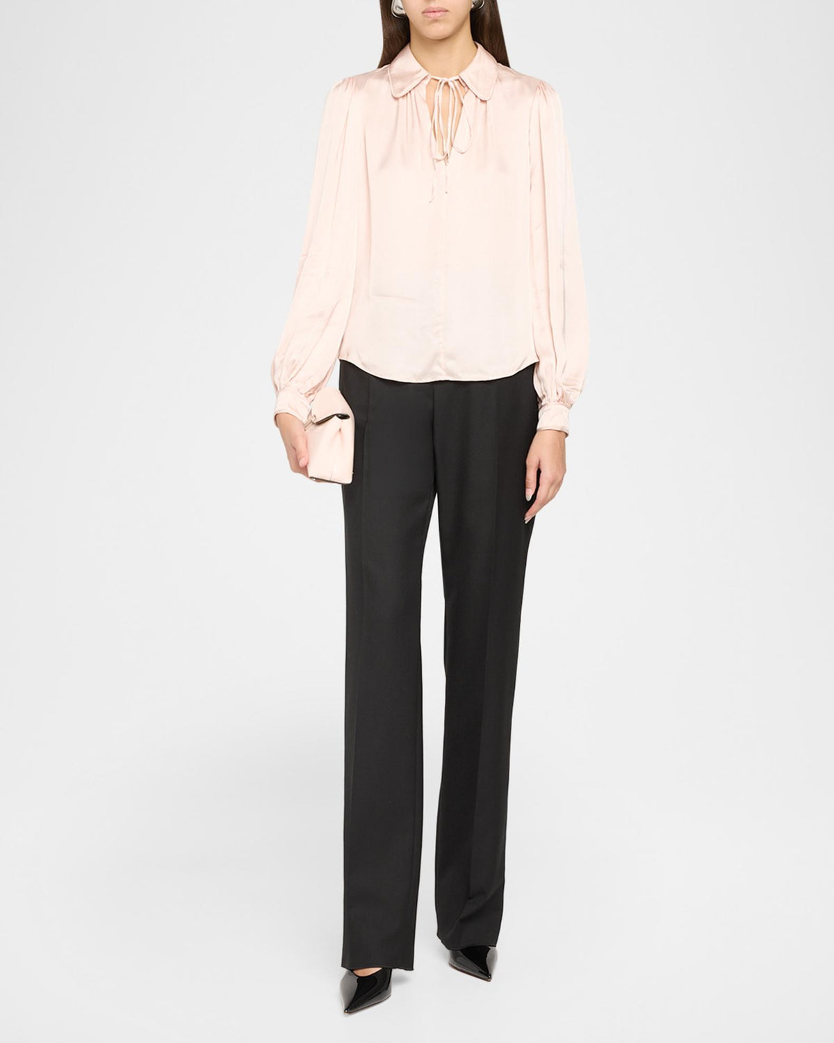 Roanne Tie-Front Viscose-blend Satin Long Sleeve Blouse Top in Blush Pink