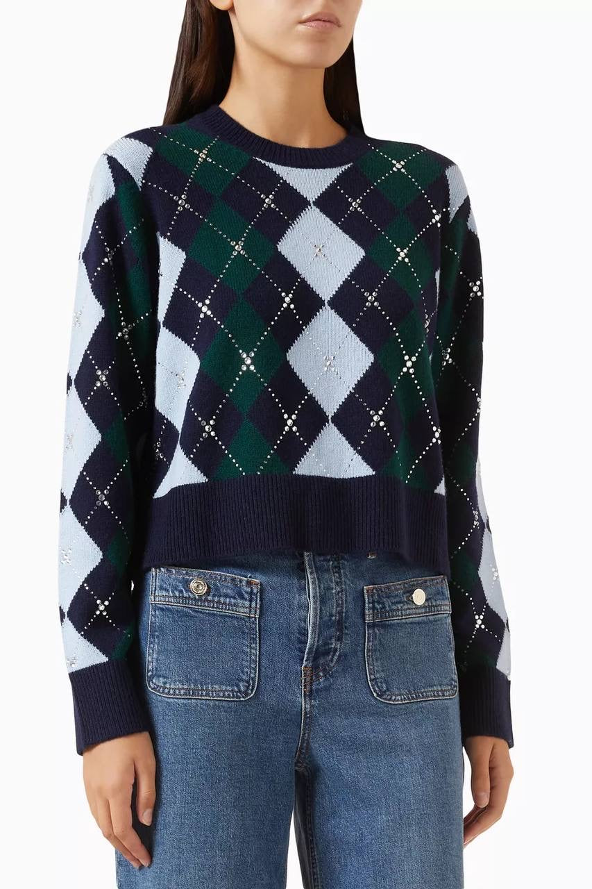 Argyle Diamond Jumper Sweater with Rhinestones & Wool Triangle Scarf | Green/Blue/Navy Set