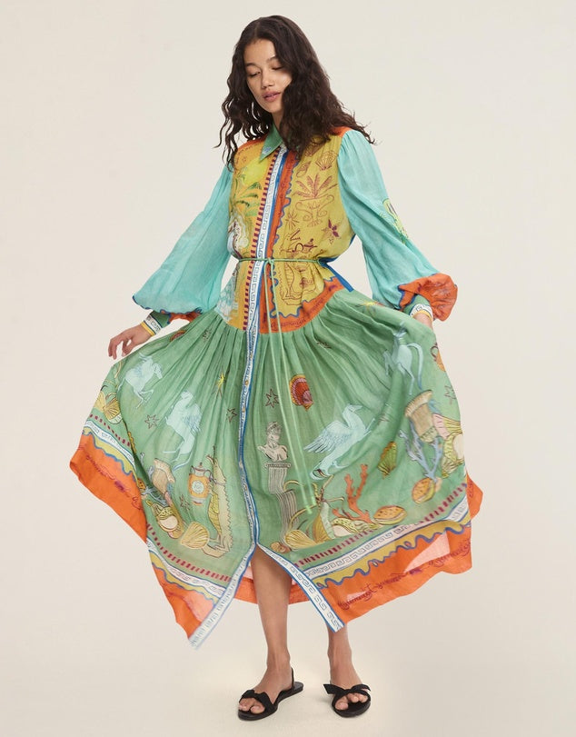 ALM Surrealist Summer Ramie Midi Dress Shirtdress
