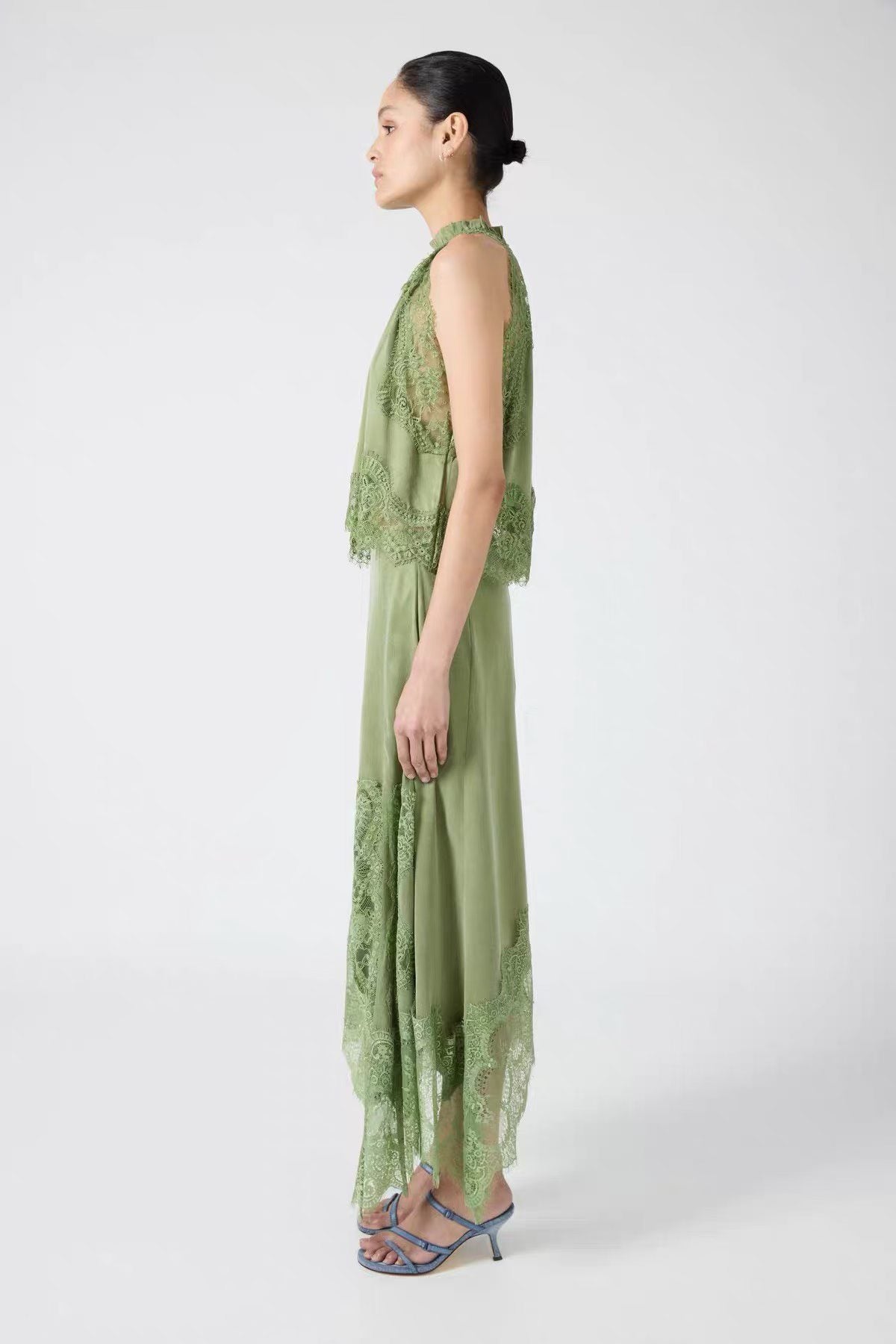 TF Visions Lace Crop Top | Handkerchief Midi Skirt | Cupro-rayon Satin Set