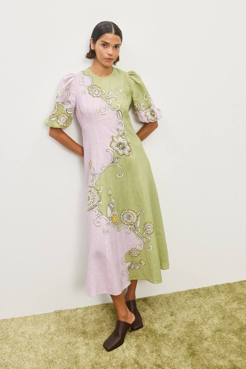 ALM Sora Puff Sleeve Linen Midi Dress