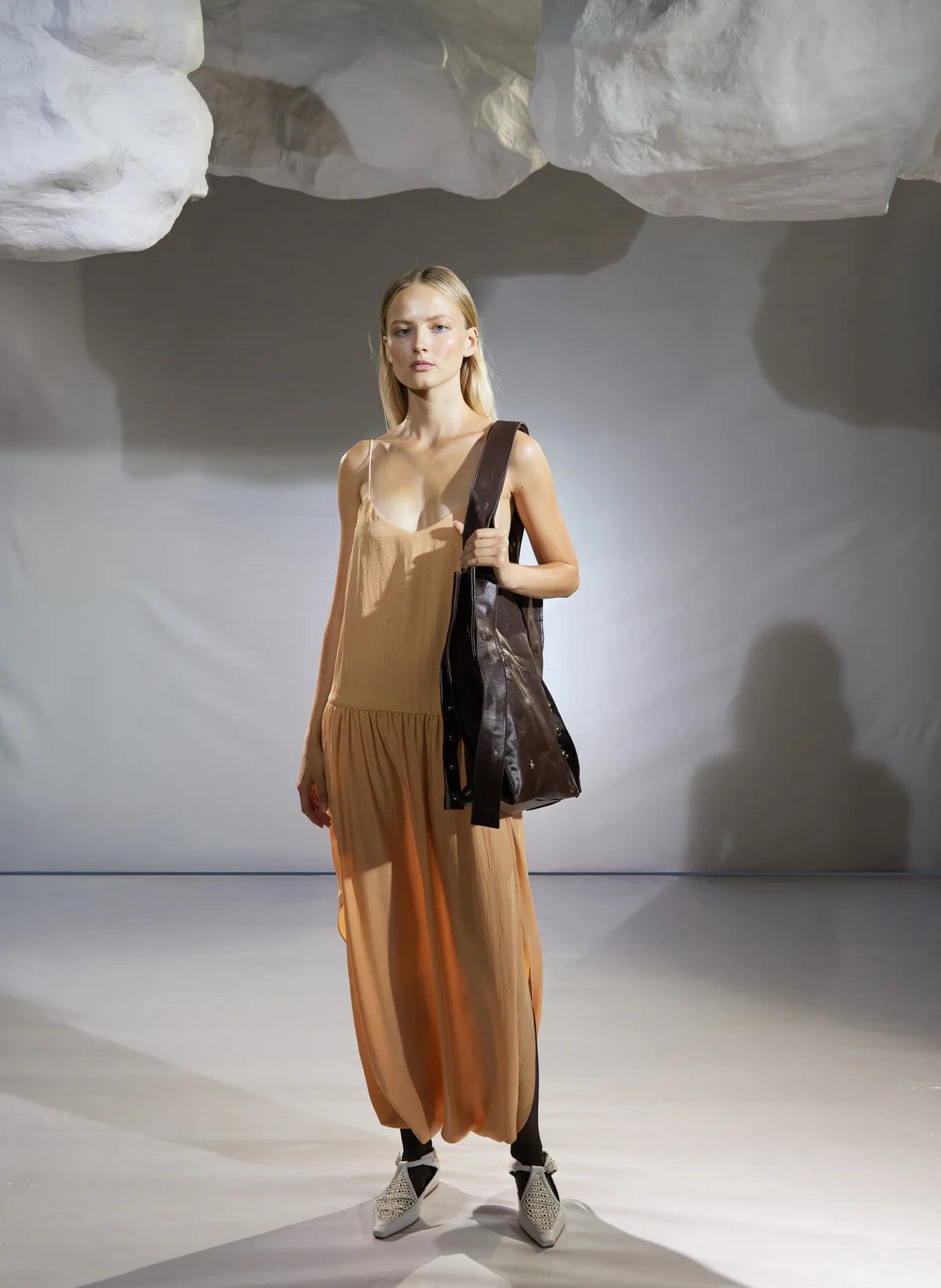TB Spring Acetate Strappy Jalouise Midi Dress