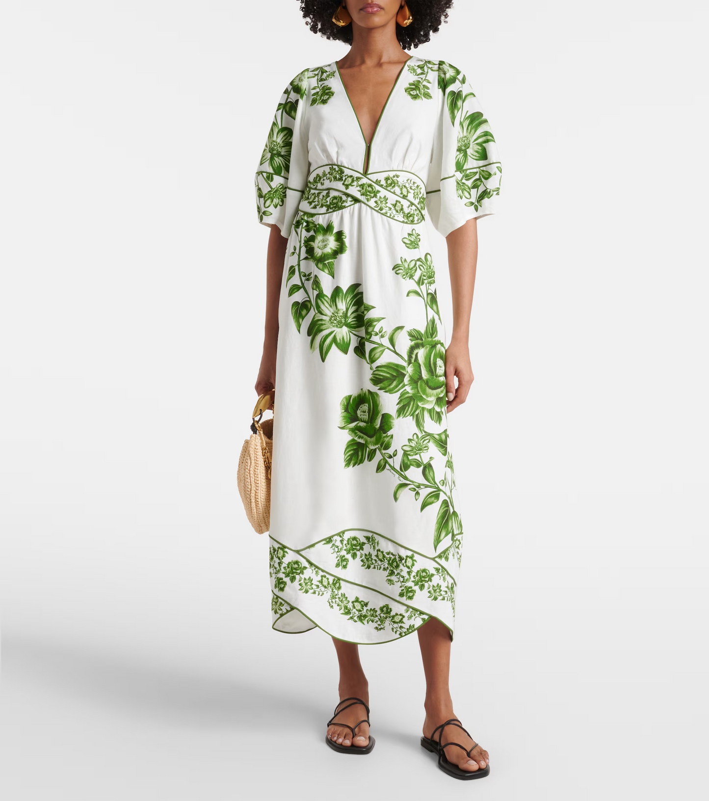 FR Green Floral Cascade Blue Yard Linen-Viscose Midi Dress