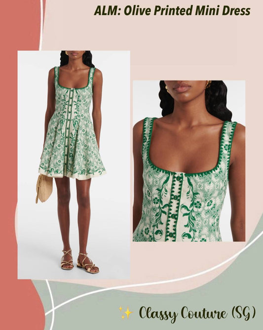 ALM Olive Linen Printed Mini Dress