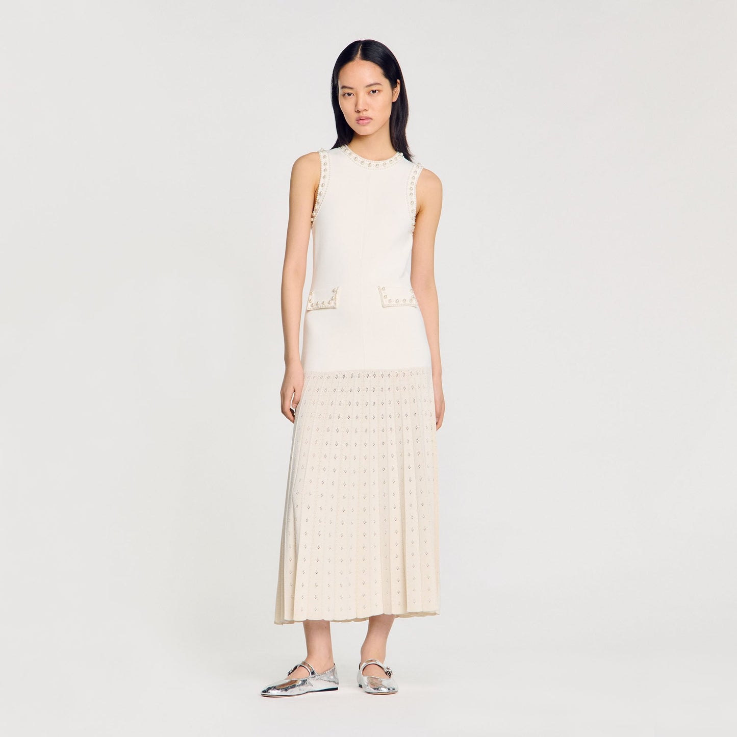 SD Pearl Bead Knit Maxi Dress | Cropped Cardigan with Pearl Buttons | Set