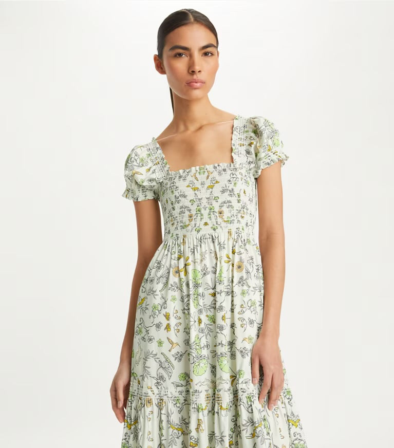 TB Printed Cotton Smocked Midi Dress in Beige Meadow