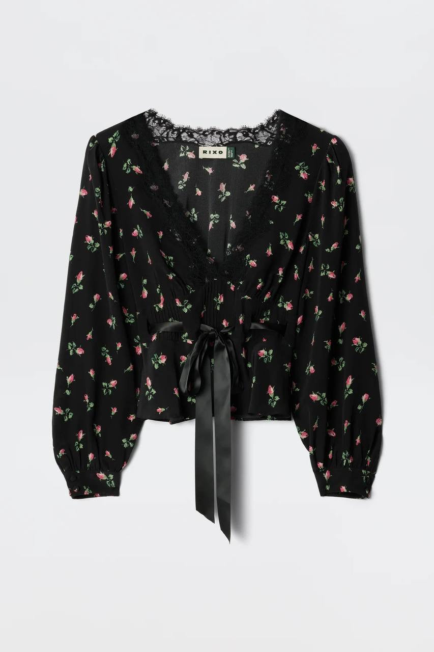 RX Charis Silk Lace-trim Top in Sienna Bud Rose Black