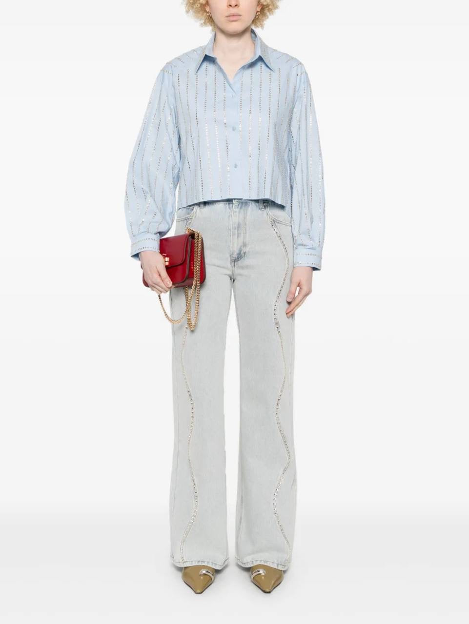 SD Celena Cotton Striped Embellished Cropped Button Down Shirt