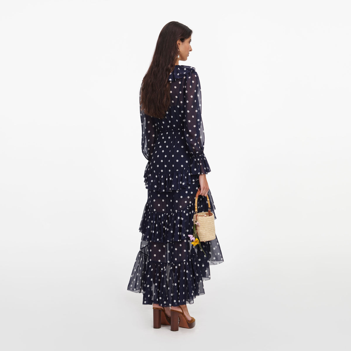 SP Navy Blue Georgette Ruffled Polka-Dot High-low Waterfall Midi Maxi Dress