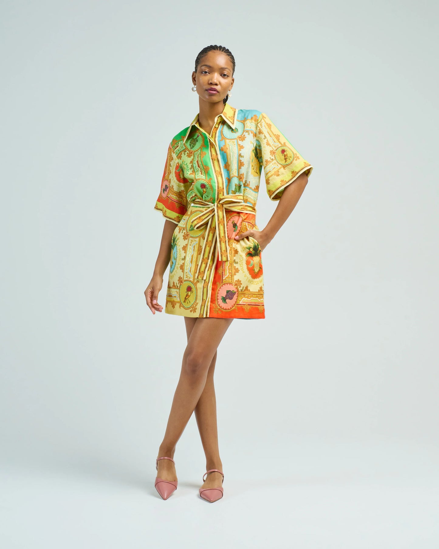 ALM La Musica Belted Linen Mini Dress Shirtdress