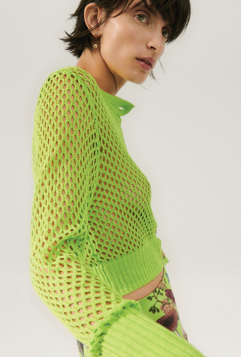 SL Crochet Cropped Cardigan Fern Green Silk-Organic Cotton