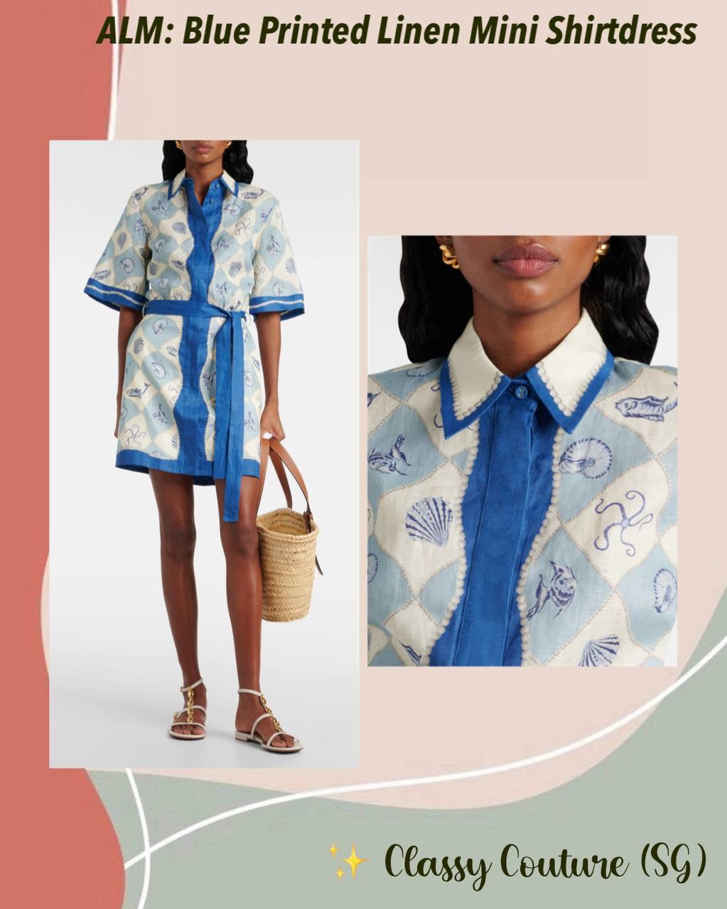 ALM Pia Blue Printed Linen Mini Dress Shirtdress