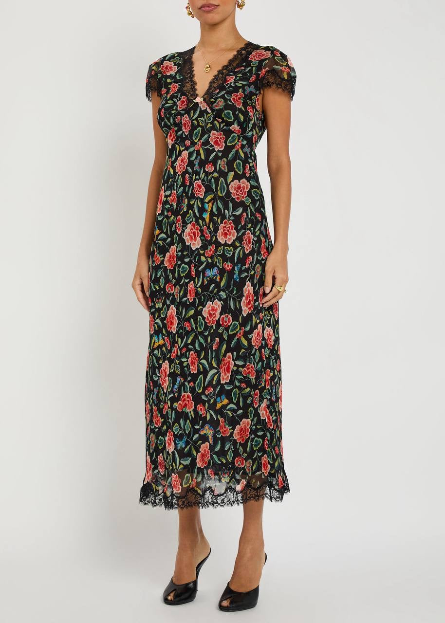 RX Clarice Lace-Trim Viscose Georgette Midi Dress in Black Multi Butterfly