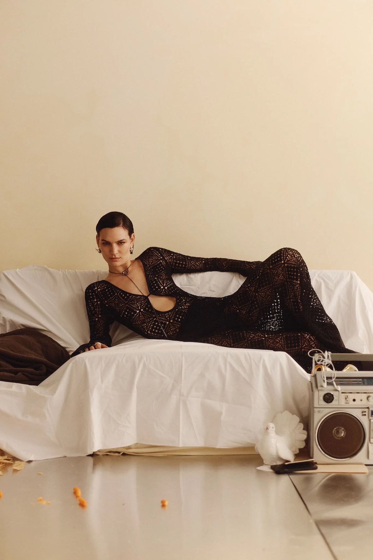 STL Rayure Long Sleeve Maxi Dress in Black Cotton Crochet