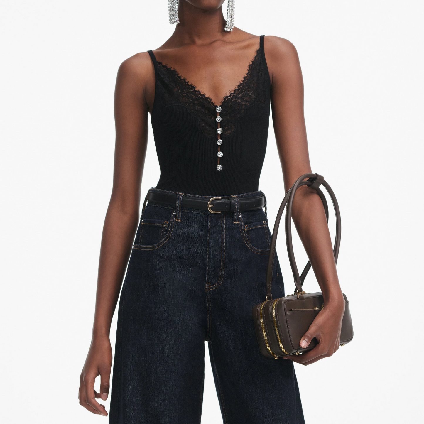 SP Lace Trim Rib Knit Cami Top in White & Black