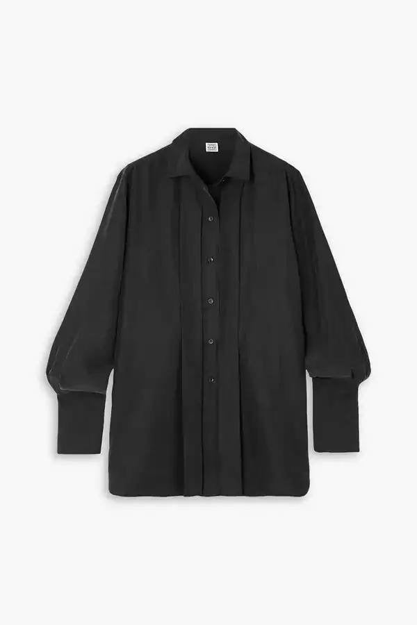 TOT Pleated Silk Long-sleeved Collared Shirt
