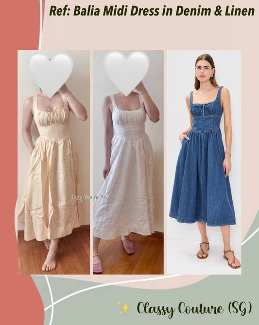 (PART 2/2) Ref Balia Midi Dress in White Linen | Parmesan Linen | Cotton Blue Denim