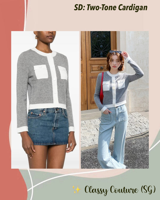 SD Two-Tone Cardigan in Grey/White Wool-Cashmere