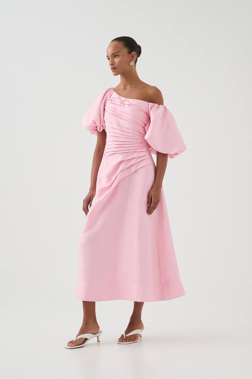 AJ Cadence Viscose-Linen Ruched Midi Dress