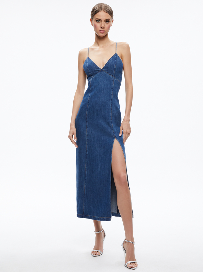 FEW! AO Julietta Denim Slip Midi Dress With Slit In Avery Blue