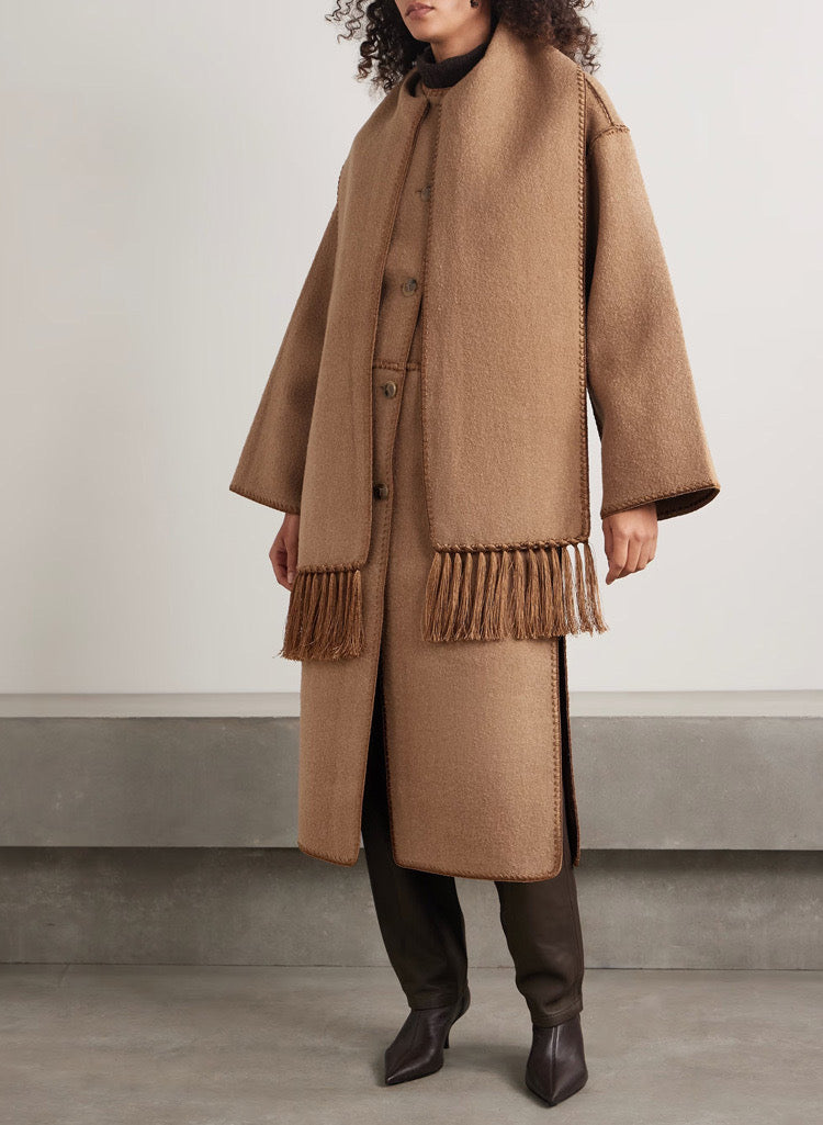 Tot Embroidered Wool-Blend Scarf Coat