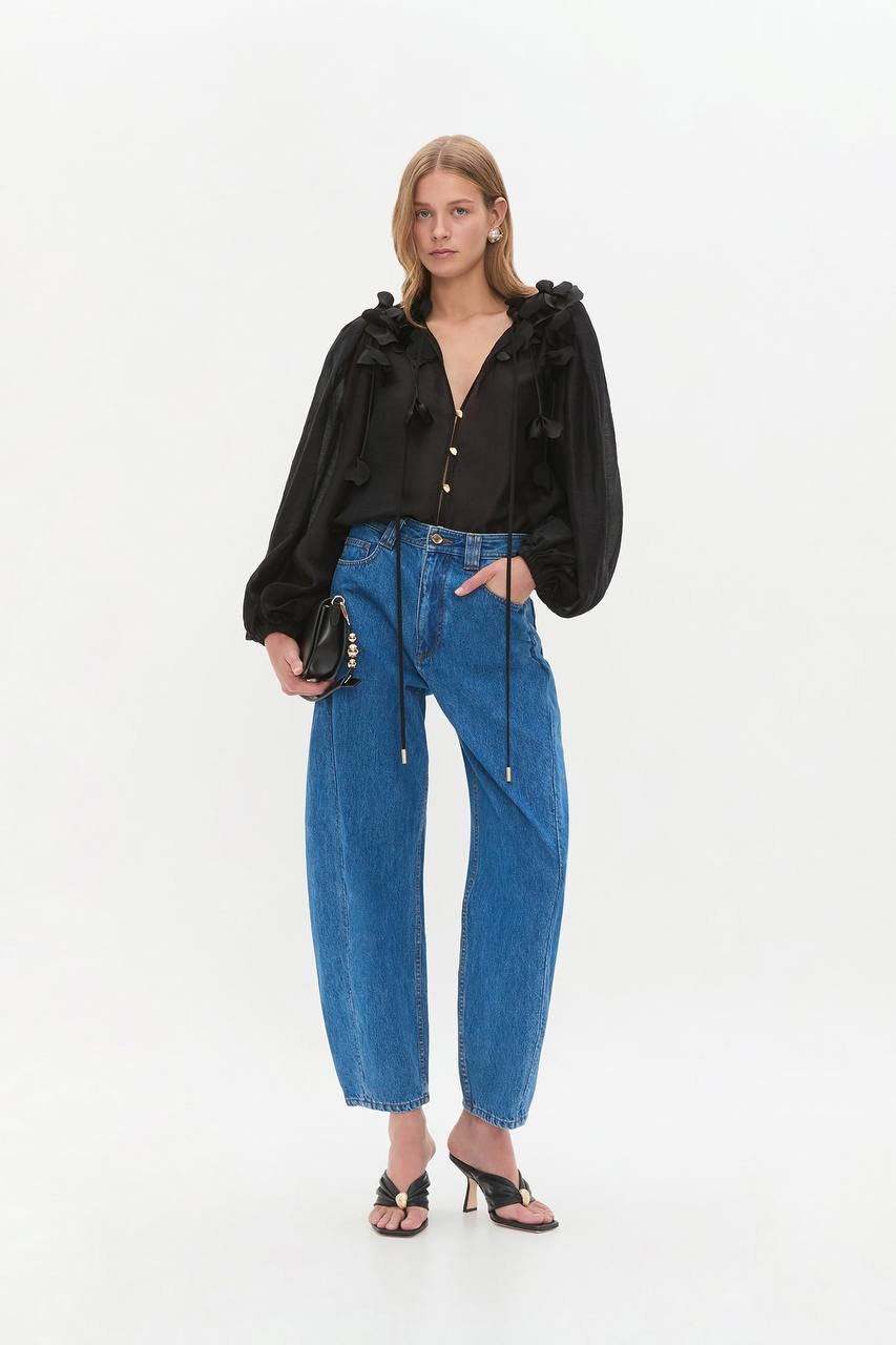 AJ Camille 3D Flower Linen-Blend Blouse Top