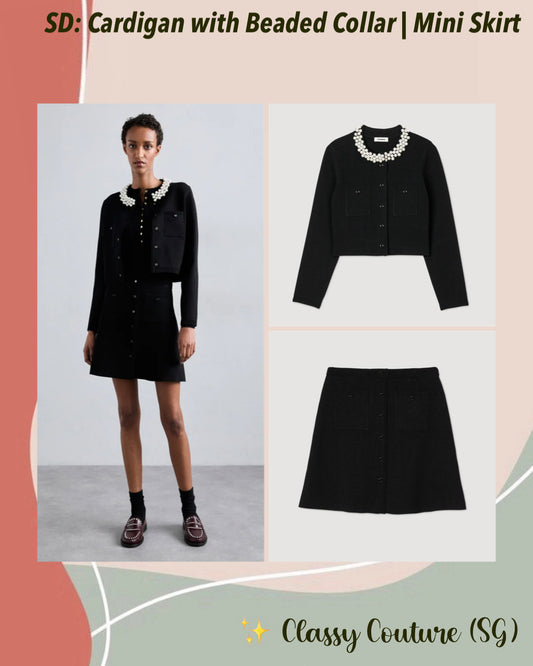 SD Cardigan with Pearl Beaded Collar | Short Knit Mini Skirt | Set