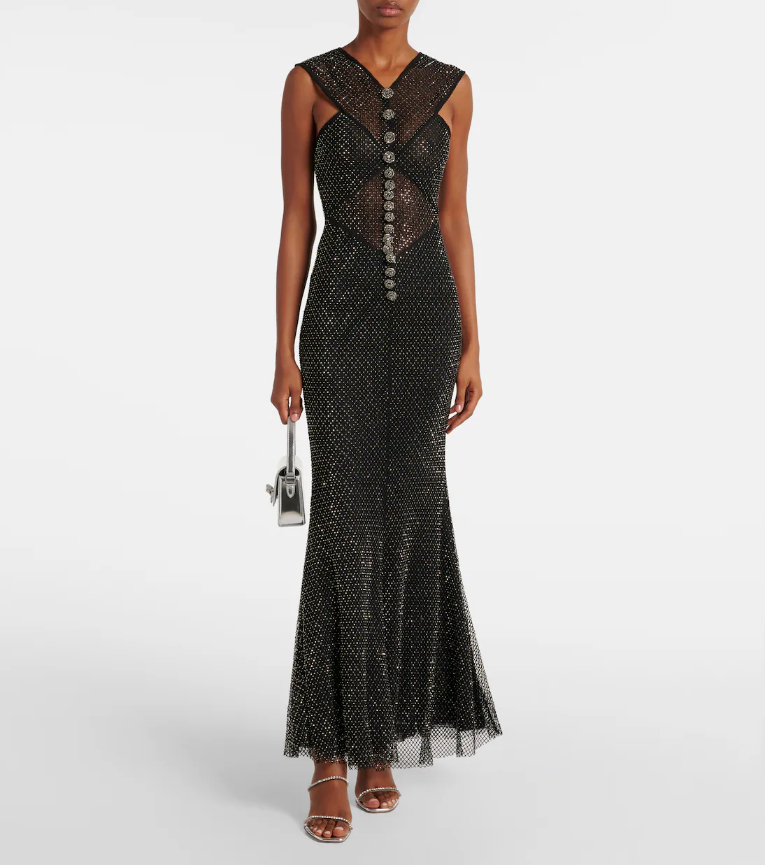 SP Black Rhinestone Fishnet Crossover Midi Dress