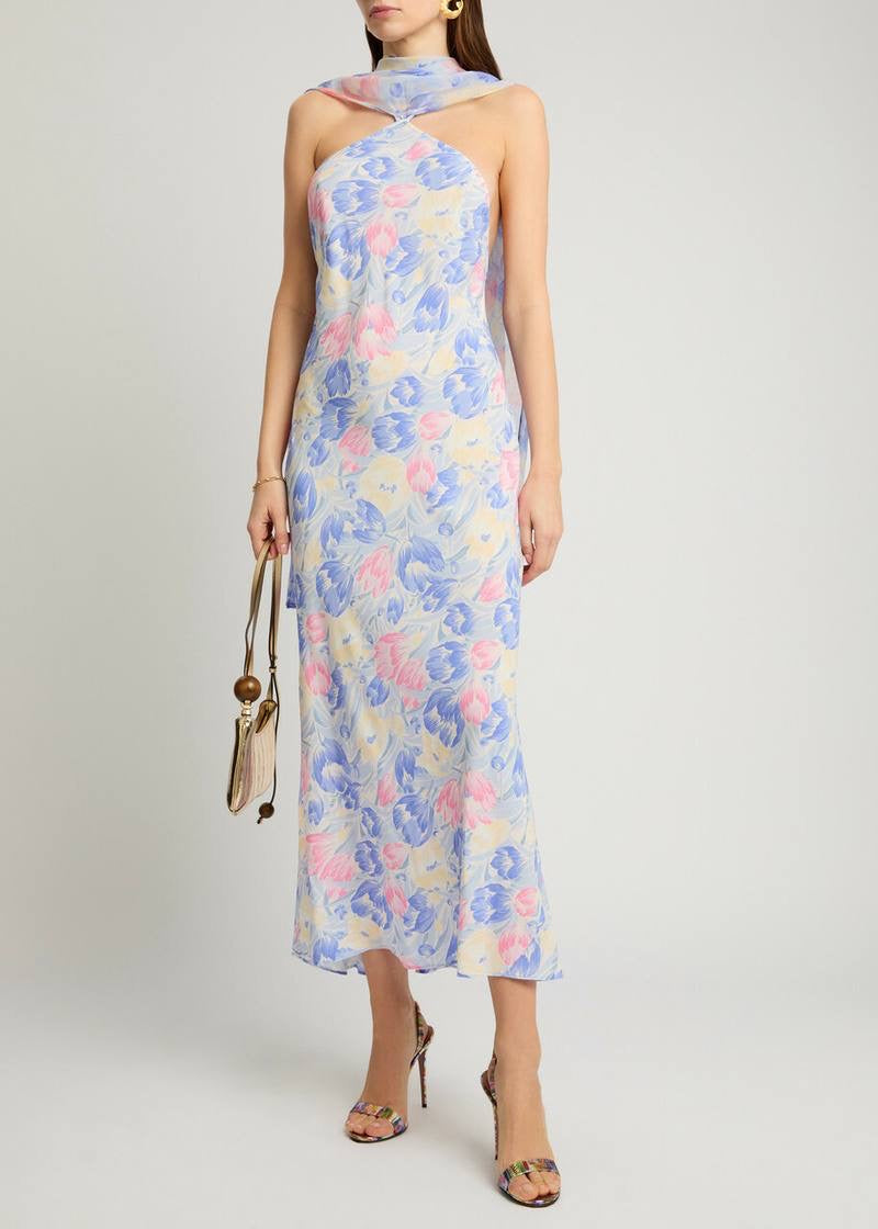 RX Hayley Detachable-Scarf Silk Midi Dress